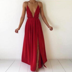 Split Maxi Dress Chiffon Solid Sexy Evening Party Clubwear Spaghetti Strap Dresses Color: Blue Red Pink White XL/Pink
