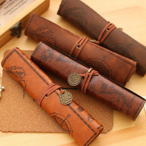 Vintage Retro Treasure Map Pencil Cases Luxury Roll Leather PU Pen Bag Pouch for Stationery School Supplies Deep Coffee
